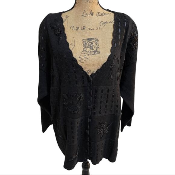 VINTAGE KATHIE LEE Black 3-D Beaded Embroidered‎ Heavyweight Cardigan Sweater 22 - Picture 1 of 7